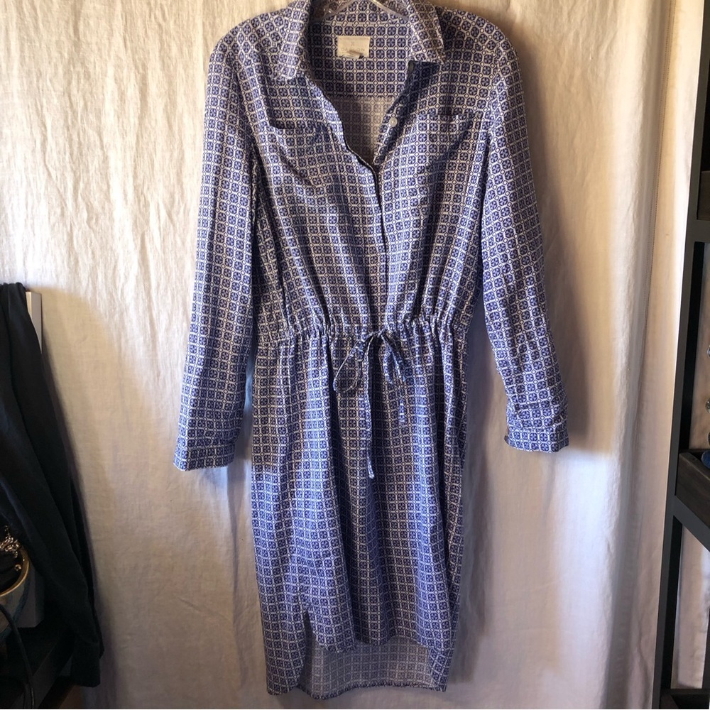 Caslon blue and white shirt dress higher front hem long sleeve soft drapey S